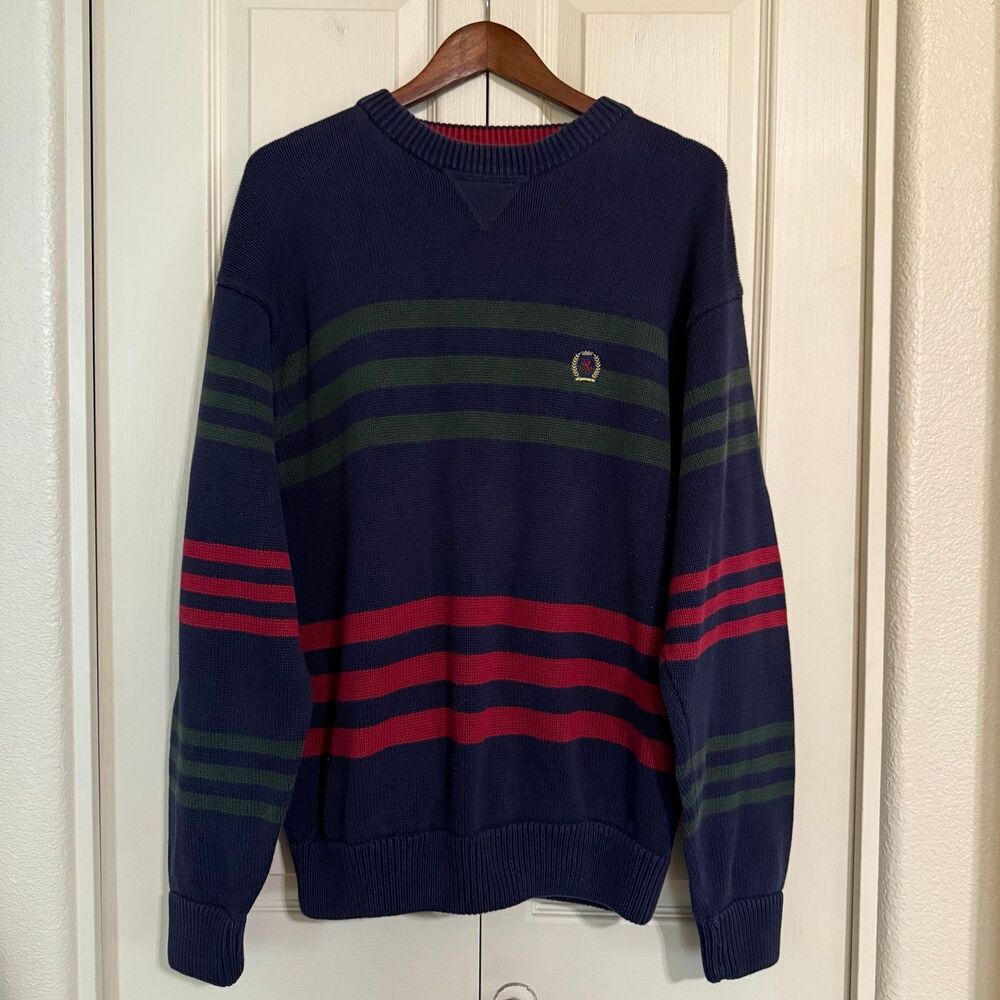 Vtg 90s Tommy Hilfiger Mens XL Rainbow Striped Color Block Cotton Knit Sweater